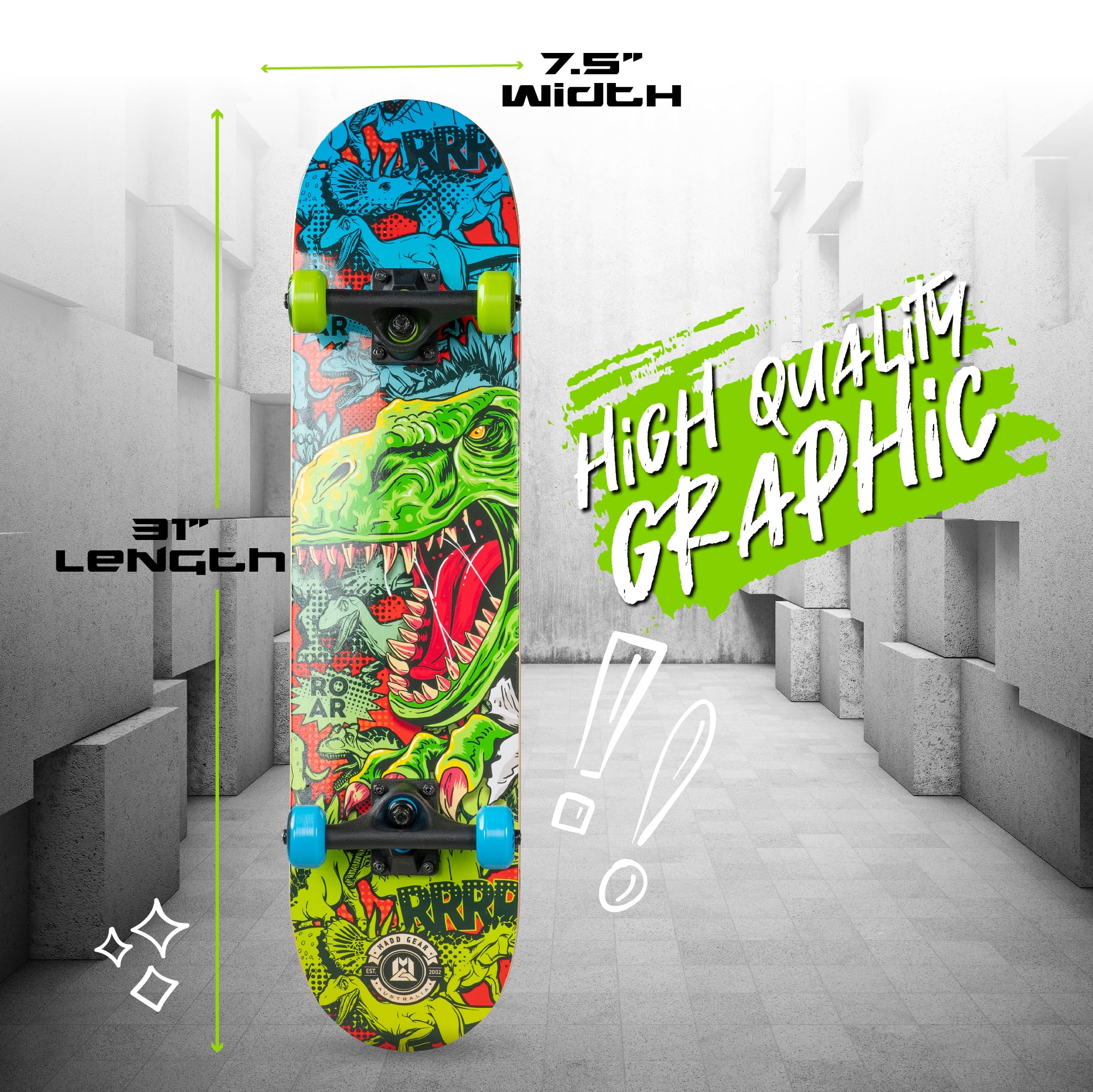 Madd Gear 31 x 7-inch Double Kicktail Beginner Complete Skateboard with 9 Ply Standard Maple Deck