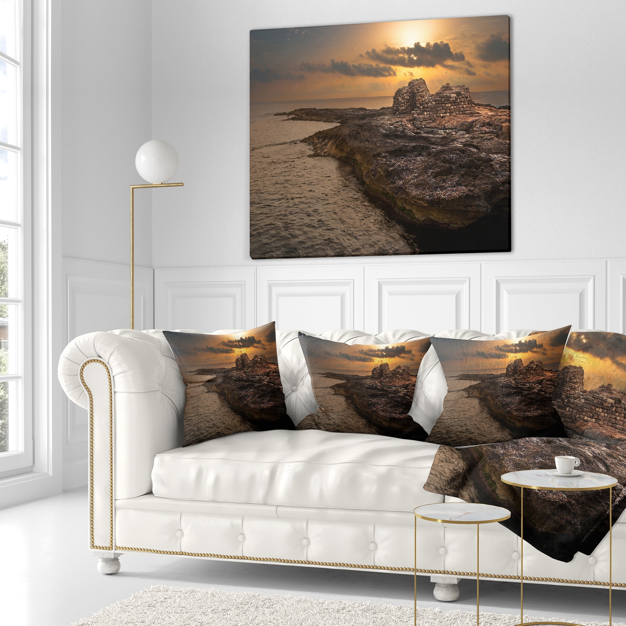 Designart Rocky Coast with Ancient Ruins - Oversized Beach Throw Pillow - 16x16