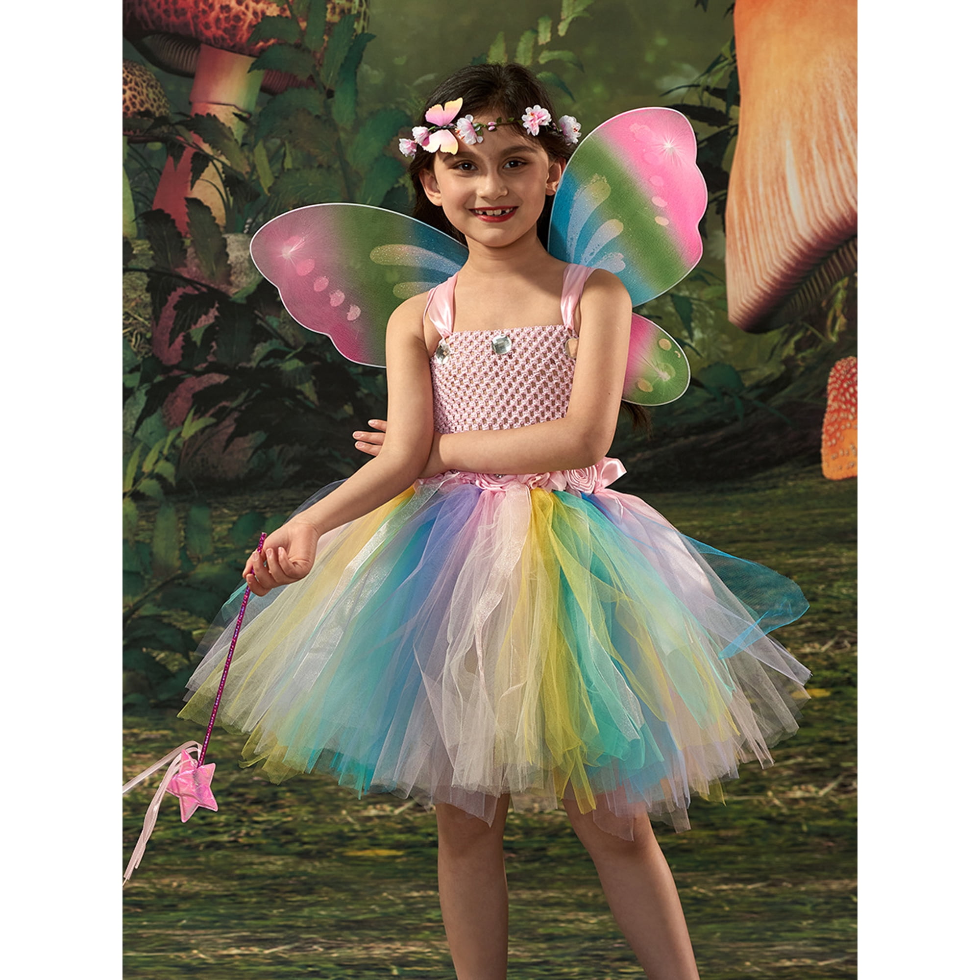 FAROOT Butterfly Fairy Cosplay Costume for Girls Colorful Tulle Tutu Dress with Butterfly Wing Walmart