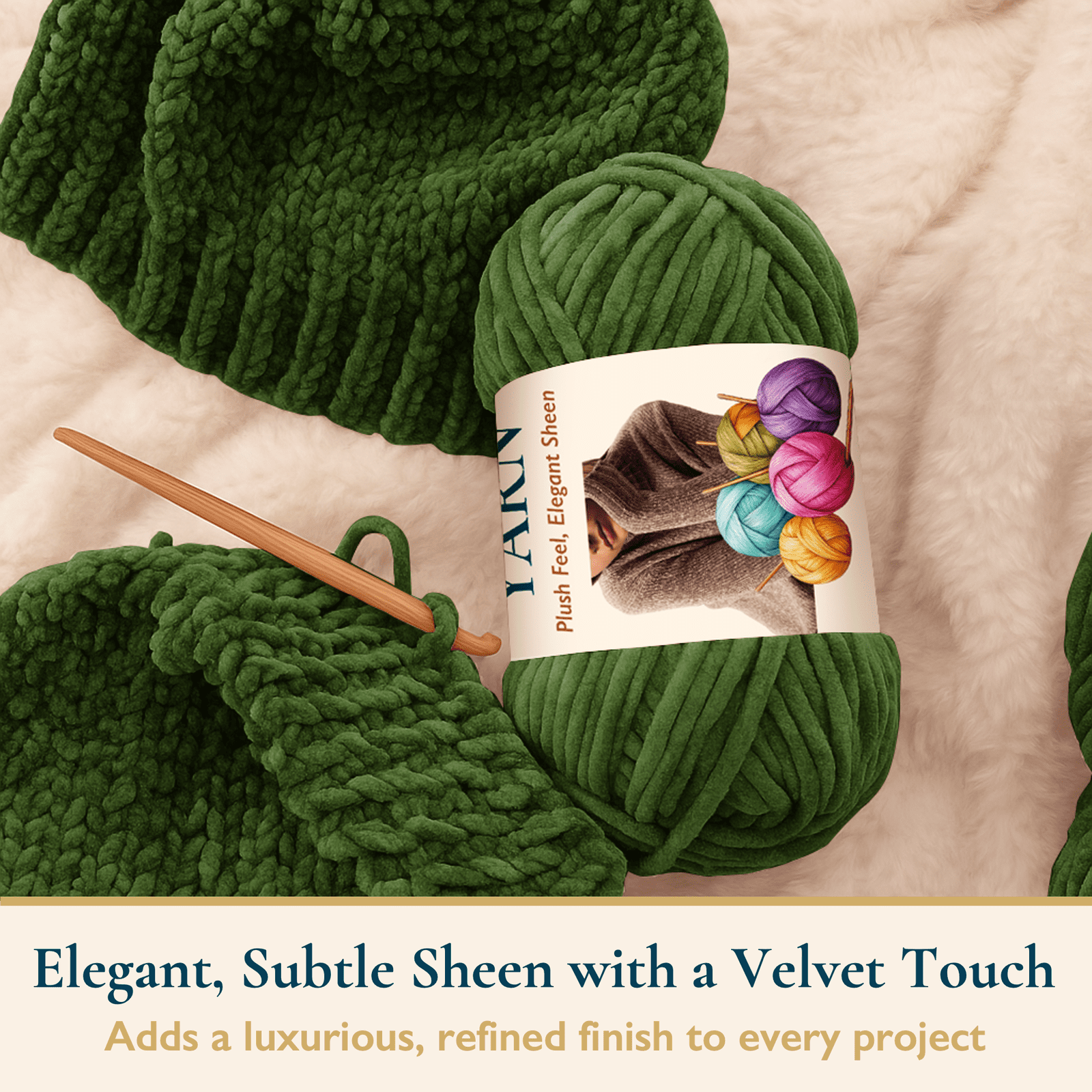 ComfiTime 6-Pack Velvet Yarn – Bulky #5, 3.5 oz / 87.5 Yds per Skein, OEKO-TEX Certified, Soft Fluffy for Sweaters, Blankets, Scarves, Home Décor, Crochet/Knitting/Amigurumi, Machine Washable, Green