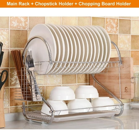2 Tier Stainless Steel Dish Drying Rack Plates Cup ...