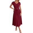 thumbnail image 4 of ZQUUVOU Summer Dresses for Women Belted Waist Short Sleeve Midi Dress Casual Soft Breathable Elegant Summer Office Daily Wear Burgundy, 4 of 5