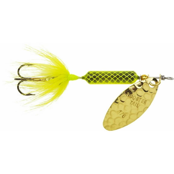 Worden’s Rooster Tail, 1/6 oz, Hammered Brass Chartreuse, 1" x 1" x 5", Fishing Lure