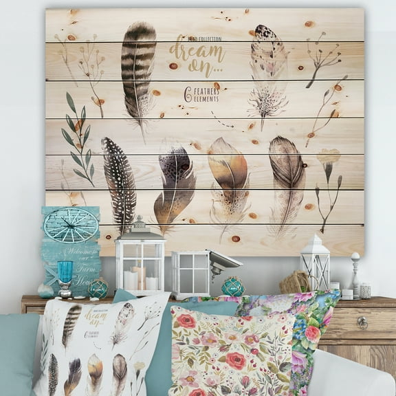 Designart 'VIbrant Orange Boho Feathers' Bohemian & Eclectic Print on Natural Pine Wood