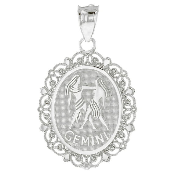 JackAni 14k White Gold Magnificent Filigree Frame Gemini Oval Pendant