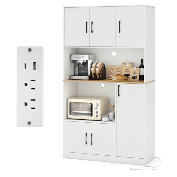Costway 71" Tall Kitchen Pantry Cabinet with Charging Station, Microwave Stand & Doors White