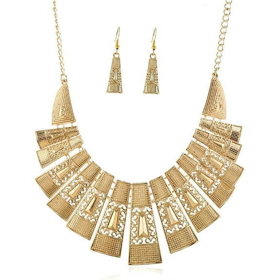 N/Q Retro High Polished 14K Gold Plated Love Heart Bib Open Choker Necklace Statement Waterdrop Dangle Teardrop Earrings for Women Ethnic Geometric Egyptian Jewelry Set