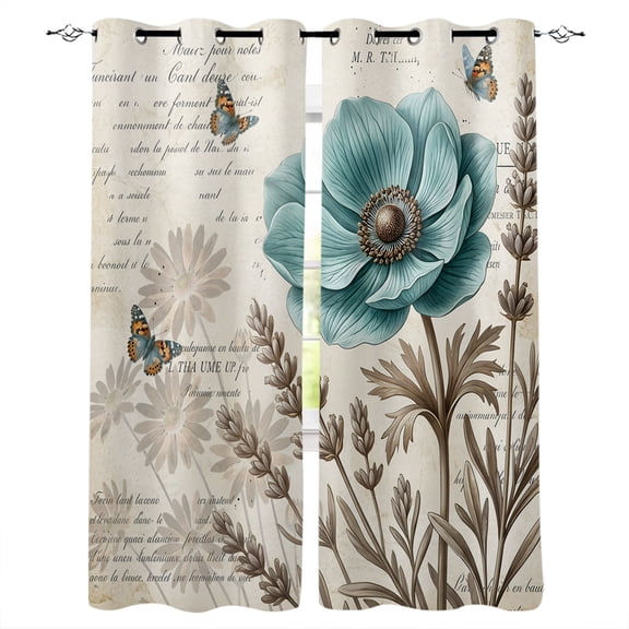 Vintage Teal Floral Blackout Curtains Light Blocking Print Window Curtains, Retro Flowers Butterfly Thermal Insulated Window Drapes for Living Room Kitchen Cafe (2 Panels, 55"W x 39"L)