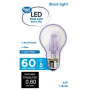Great Value LED Black Light Bulb, 5 Watts (60W Equivalent) A19 Black Light E26 Medium Base, Non-Dimmable, Black, 1-Pack