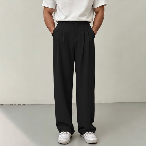 Men's Pants Cargo Big and Tall Solid Color Summer Button Down Pleated Wide Leg Trousers with Pockets