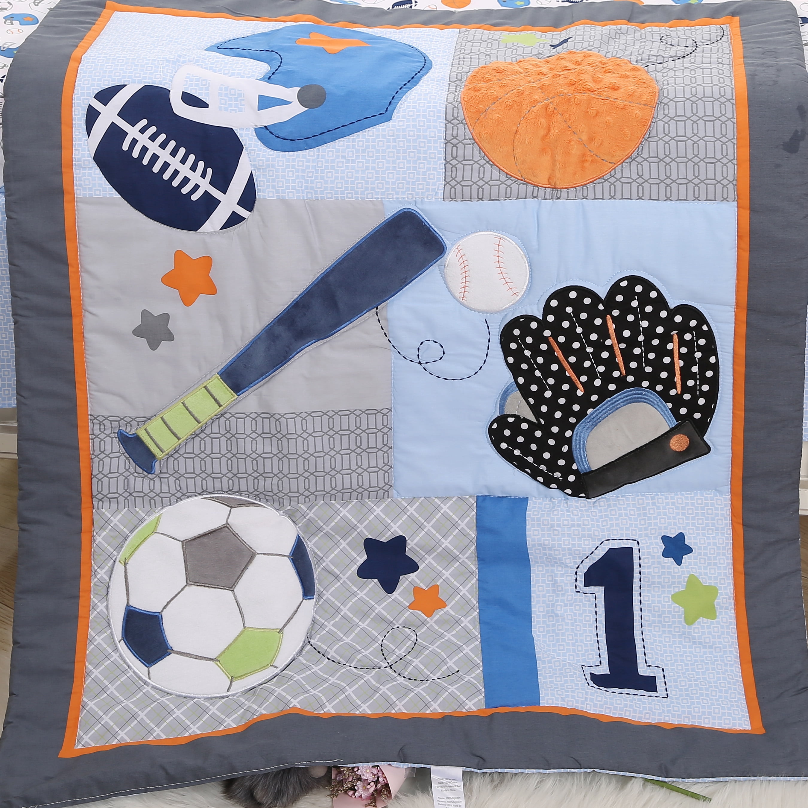Sweet Baba 100% Cotton  MVP 3PC Crib Bedding Set, Blue Crib Set for Baby Boys with Crib Sheet/Crib Skirt/Quilt/Diaper Bag