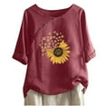 thumbnail image 1 of Blouses pour Femmes, T-shirt Décontracté en Coton et Lin Imprimé à Manches Courtes et Col Rond avec Boutons, 1 of 4