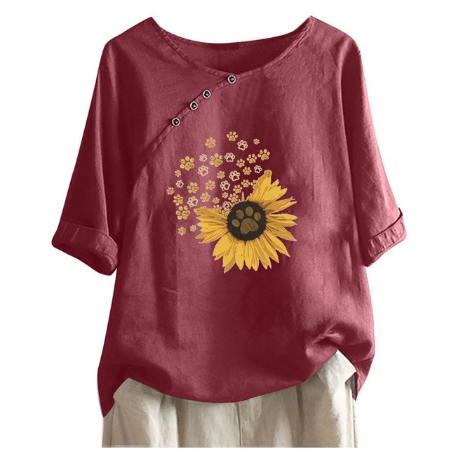 Blouses pour Femmes, T-shirt Décontracté en Coton et Lin Imprimé à Manches Courtes et Col Rond avec Boutons
