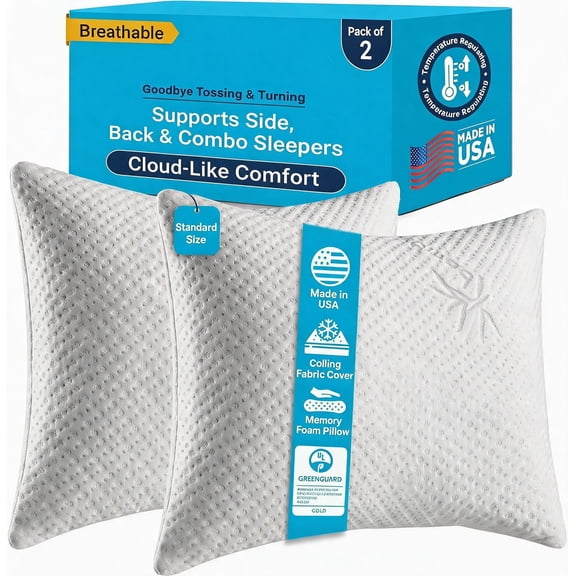 Shredded Memory Foam Pillows for Side Back or Stomach Sleeping Standard Size 2 Pack