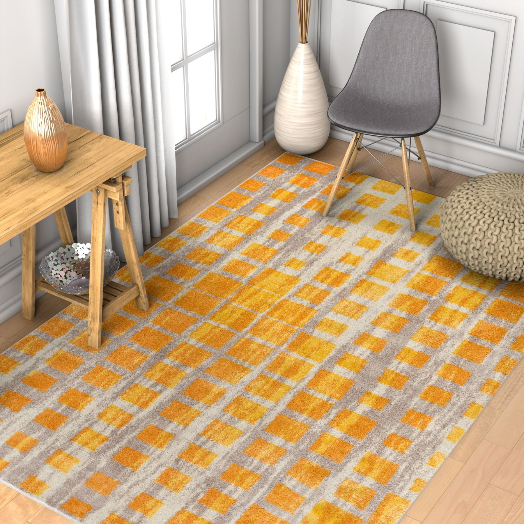 Well Woven Vettore Plaid Area Rugs, Yellow