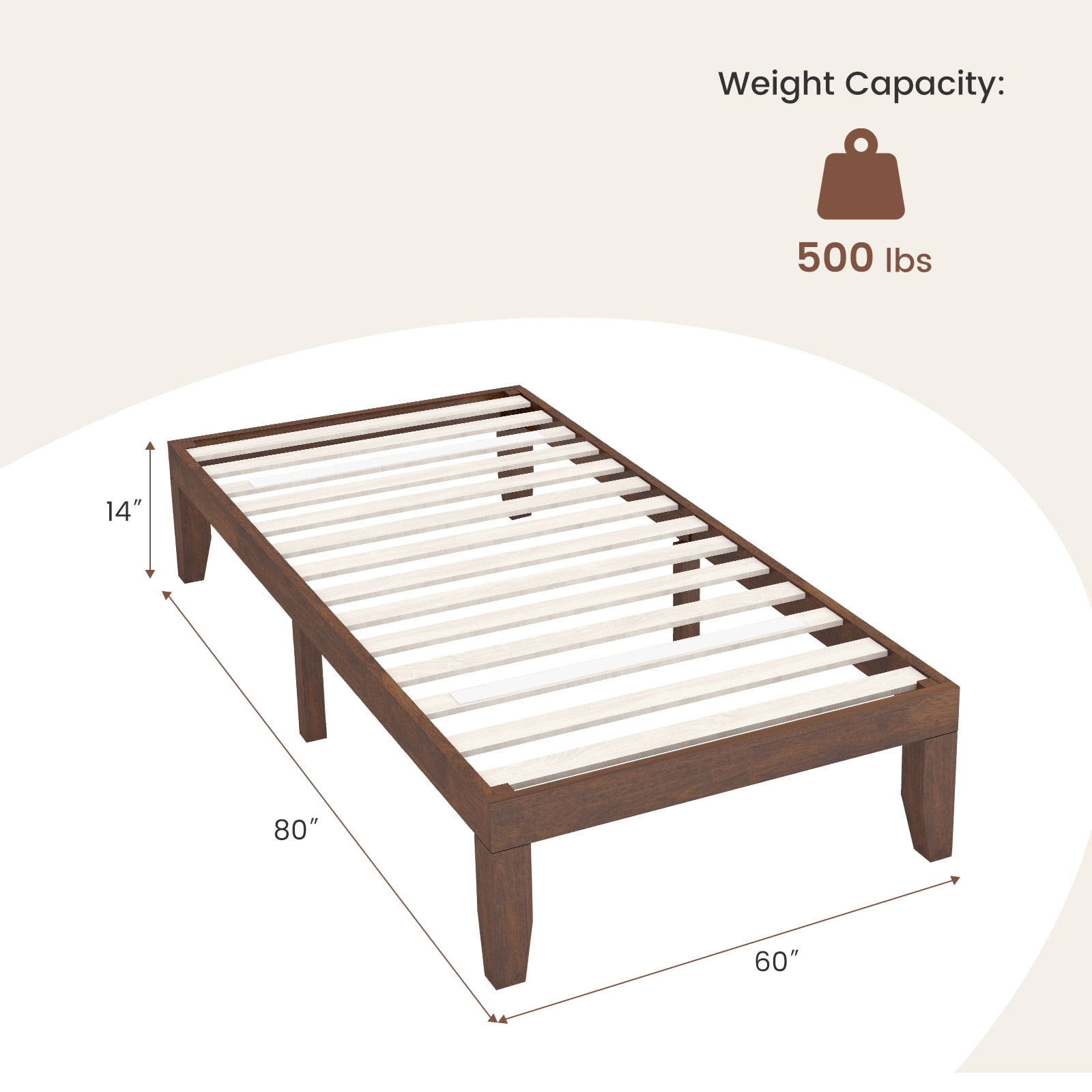 Costway Mid-Century Modern Plywood Twin Brown Cherry
