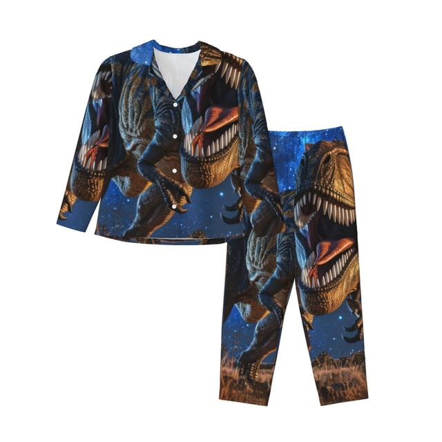 Balery Starry Night Charging Dinosaur Conjunto de Pijama con Estampado para Mujer, Conjunto de Dos Piezas con Manga Larga, Ropa de Dormir Suave con Bolsillos, Pijamas Cómodos-Large