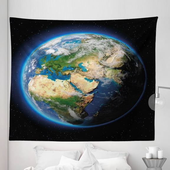 Earth Tapestry, Vivid Earth Globe with Blue Seas Greenery Volumetric Clouds Science Theme, Fabric Wall Hanging Decor for Bedroom Living Room Dorm, 5 Sizes, Blue Green Sand Brown, by Ambesonne