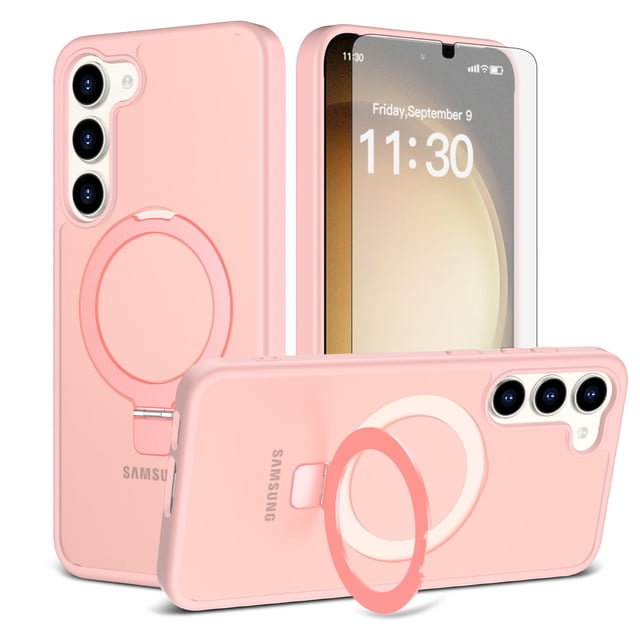 Asuwish Phone Case for Samsung Galaxy S23 Plus S23+ 5G Tempered Glass Screen Protector Magnetic Folding Stand Frosted Translucent Rugged Shockproof Protective Cell Cover SM-S916U 6.6 Women Men Pink