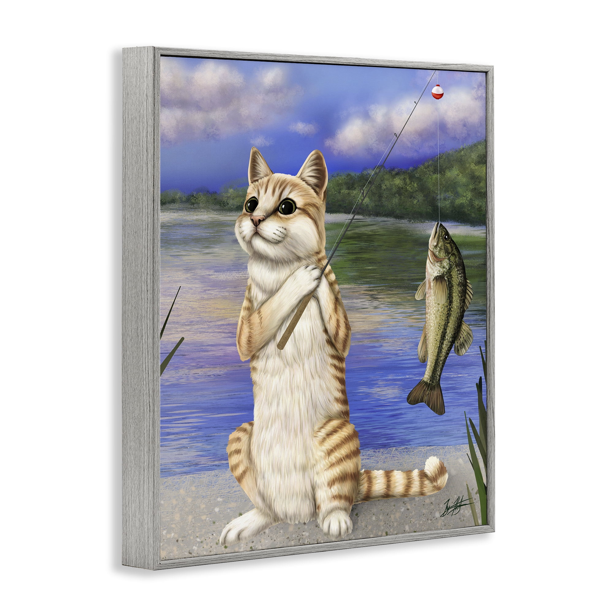 Stupell Industries Fishing Cat by Lake Animals & Insects Painting Gray Framed Art Print Wall Art, 16 x 20