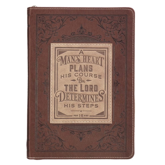 Classic Faux Leather Journal a Man's Heart Proverbs 16:9 Bible Verse Brown Inspirational Notebook, Lined Pages W/Scriptu, (Hardcover)