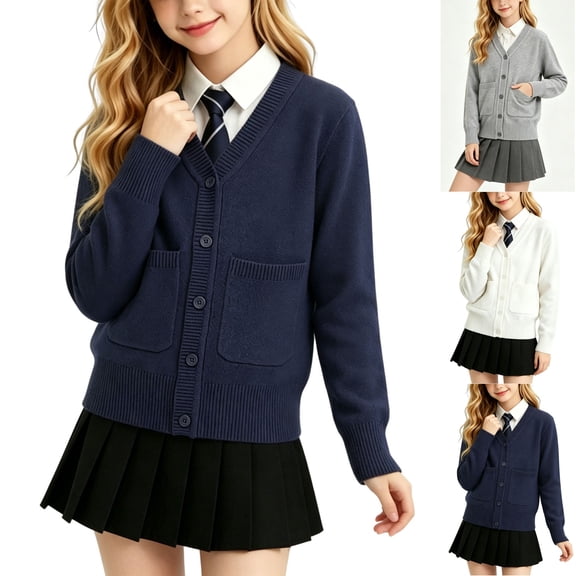 Husipze Kids Preppy Cardigan Sweater School Uniform V-neck Pockets Long Sleeve Button Open Front Knit Tops Fall Winter Outfit with Pockets Navy 3-4 Years