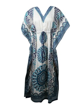 Mogul Women Beige,Blue Kaftan Maxi Dress, Bohemian Kaftan, Printed Kaftan, Summer Resort Wear, Beachwear Long Caftan One Size