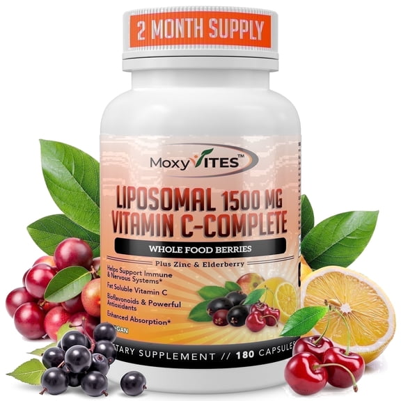 MoxyVites Liposomal Vitamin C 1500mg with Zinc and Elderberry for Immune Support, Vegan, Gluten-Free, 180 Capsules