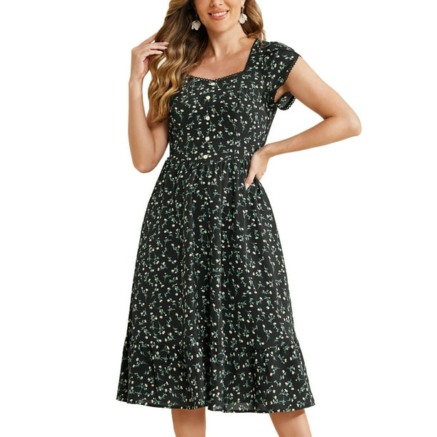 Vestido Midi de Verano para Mujer INSPIRE CHIC con Cuello Cuadrado y Mangas Cortas, Vestido Boho Floral XS Negro