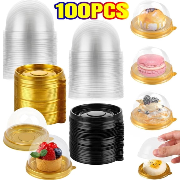 100 Set Clear Plastic Mini Cupcake Boxes Muffin Pod Dome Muffin Single Container Box Wedding Birthday Boxes (50 Gold 50 Black)