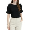 thumbnail image 1 of INSPIRE CHIC Women's Boat Neck Short Puff Sleeves Ruffle Top Blouses M Black, 1 of 7