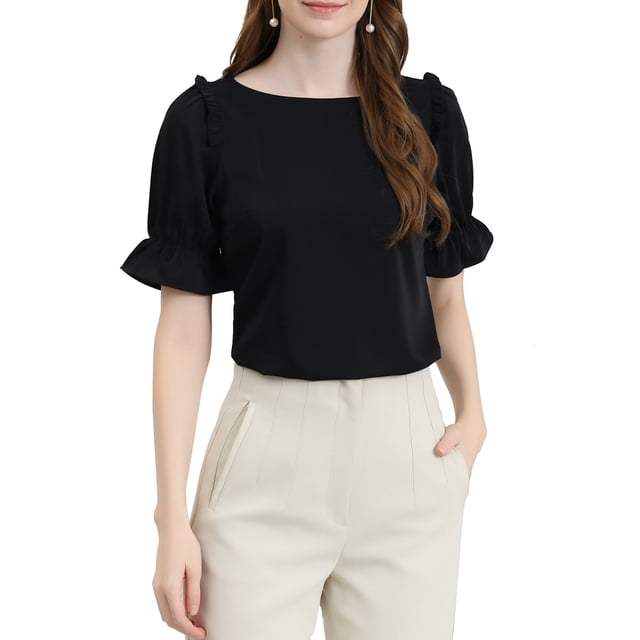 INSPIRE CHIC Women's Boat Neck Short Puff Sleeves Ruffle Top Blouses M Black