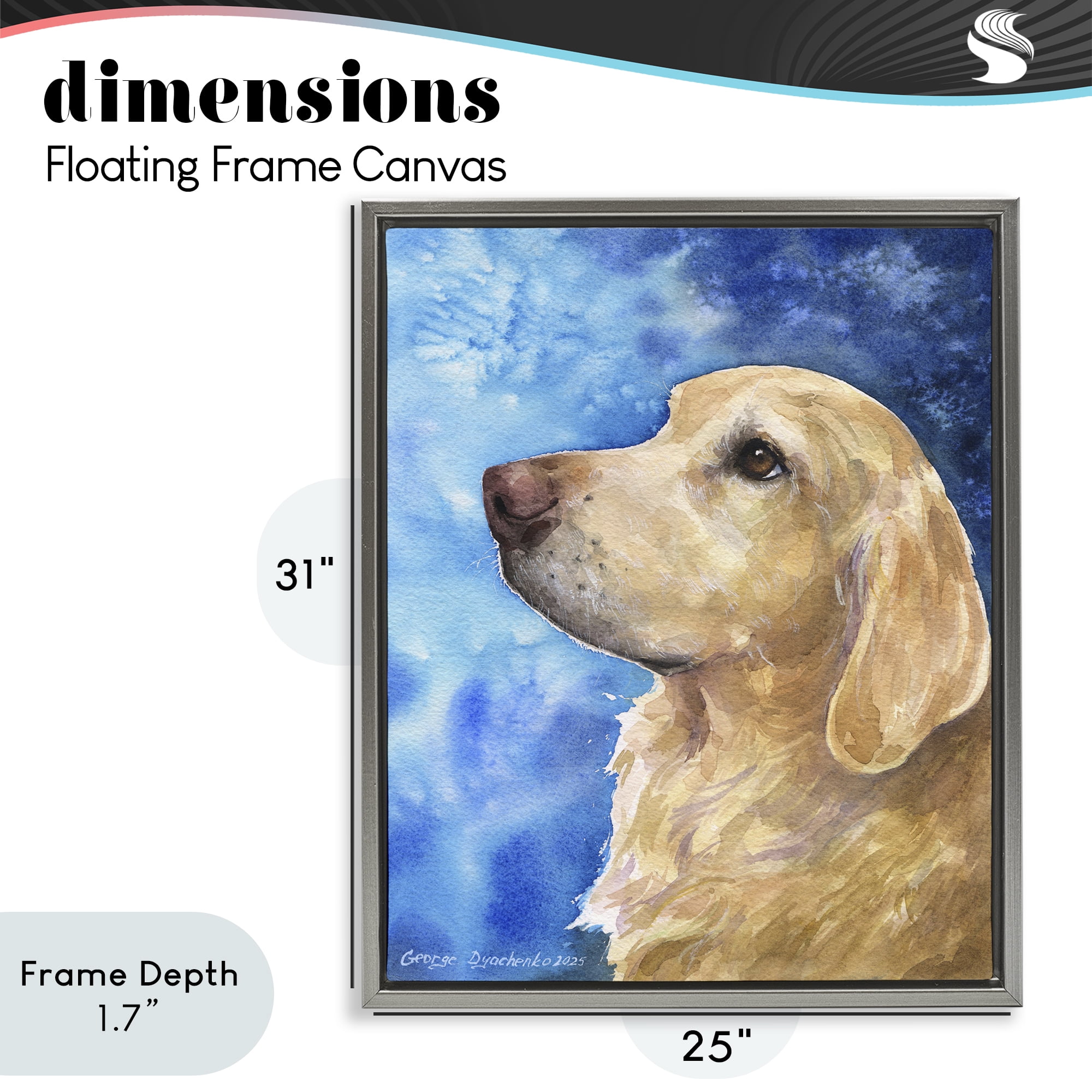 Stupell Industries Golden Retriever Portrait on Azure Gray Framed Floater Canvas Wall Art, design by George Dyachenko