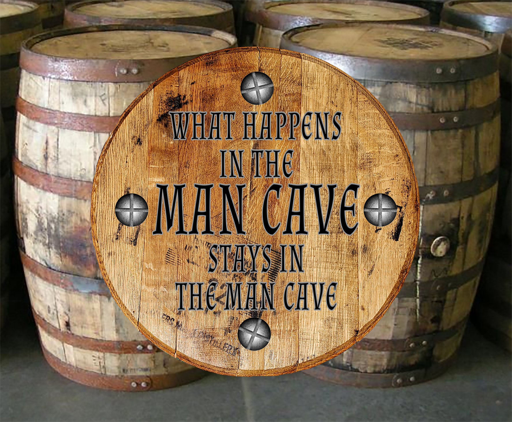 Whiskey Barrel Head What Happens in the Man Cave Wall Art Bar Sign Home
