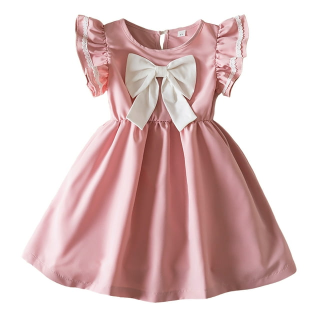 Landzoo One Robe à Manches Courtes pour Filles Tout-Petits Couleur Unie Nœud Papillon Vêtements Robe Mignonne et à la Mode pour Enfants