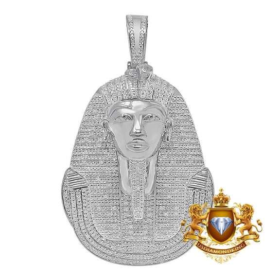 Genuine Diamonds Egyptian King Tut Pharaoh Charm 10K White Gold Over Pendent Big 2.75'