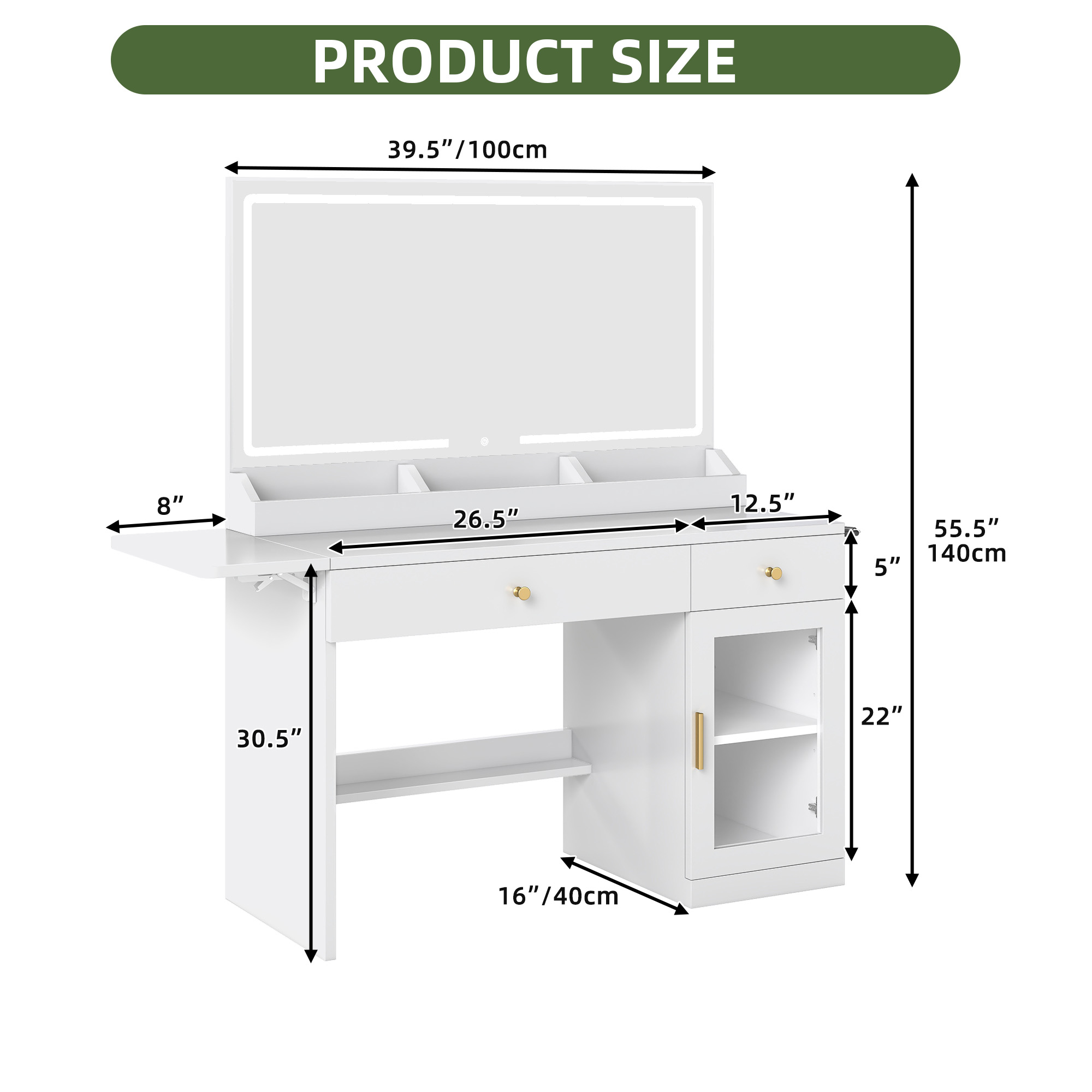 Uforic White Vanity Desk with LED Light Mirror & Power Outlet , Makeup Vanity with Extral Foldable Panel, Vanity Table with RGB Cabinet for Bedroom