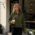 thumbnail image 4 of Long Sleeve Athletic Half Zip Hoodie Ladies, Fleece Lined Cropped Hooded Sweatshirt with Thumb Holes Casual Tops Green XL, 4 of 6