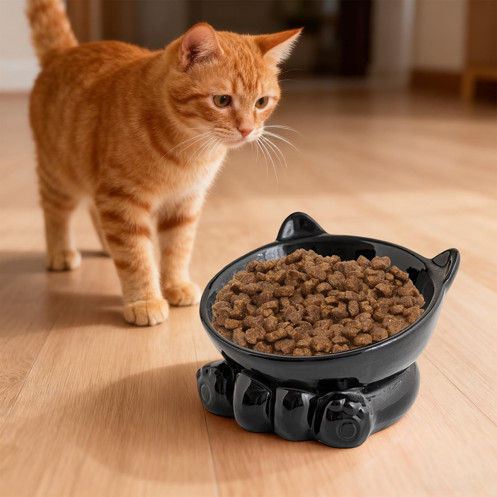 Cute Anti-Choke Cat Bowl with Cervical Spine Protection, Non-Spill and Non-Tip Design, Prevents Black Chin, Ceramic Material