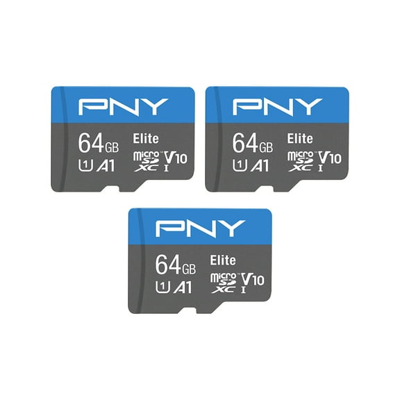 PNY 64B Elite Mobile Accessories Class 10 U1 V10, A1 microSDHC Flash Memory Card for Mobile Devices - 100MB/s, Full HD, UHS-I, micro SD 3-Pack