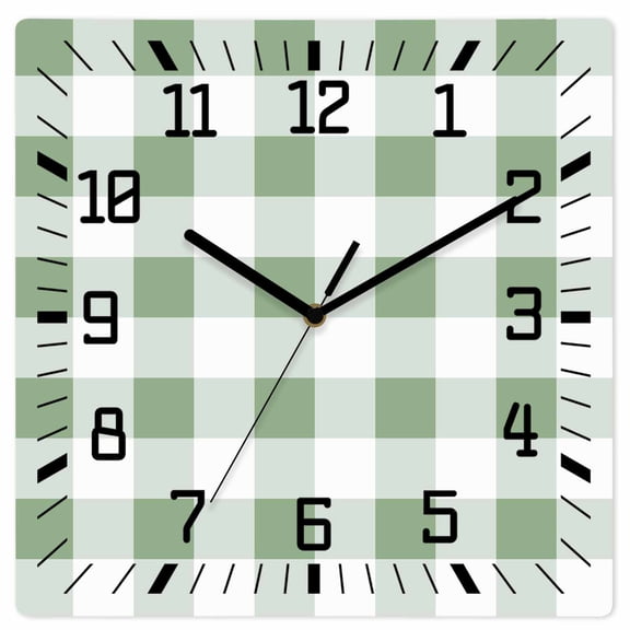 Sage Green Checkered Wooden Wall Clock Silent Non Ticking, Green White Buffalo Plaid Square Wall Clocks Battery Operated, Decor Clock for Home Office, Living Room, Kitchen, 12 Inch