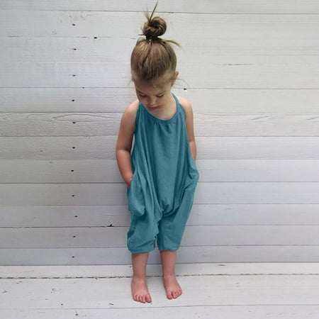 

QISIWOLE Toddler Baby Girl Jumpsuits Summer Solid-color Strap Romper Pants With Pockets Savings !