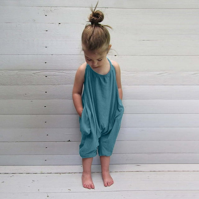 EGNMCR Barboteuses pour Enfants Tout-Petits Bébé Fille Combinaisons Été Couleur Unie Barboteuse à Bretelles Pantalon avec Poches Barboteuses pour Enfant