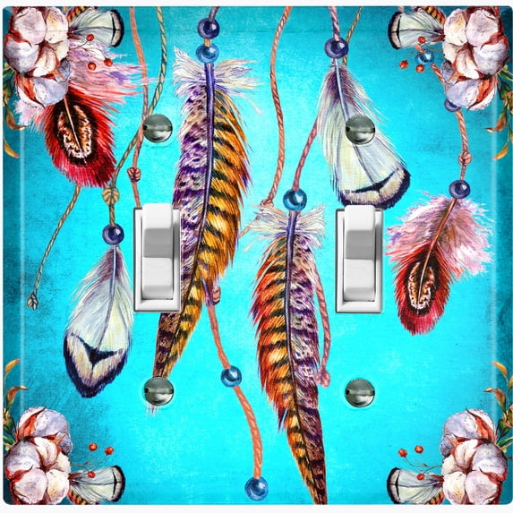 Metal Light Switch Plate Cover Beaded Feather Flower Strings Teal DRM013