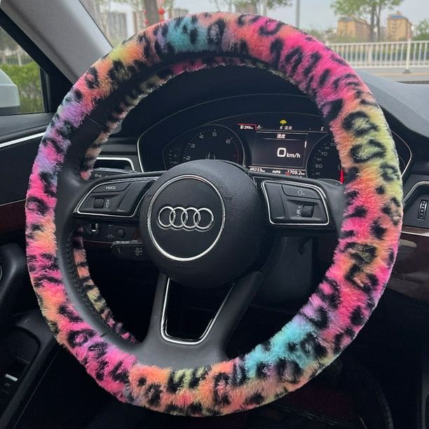 Women Girly Fluffy Steering Wheel Cover Fuzzy Steering Decoration Leopard Print Universal 15 Inch Red