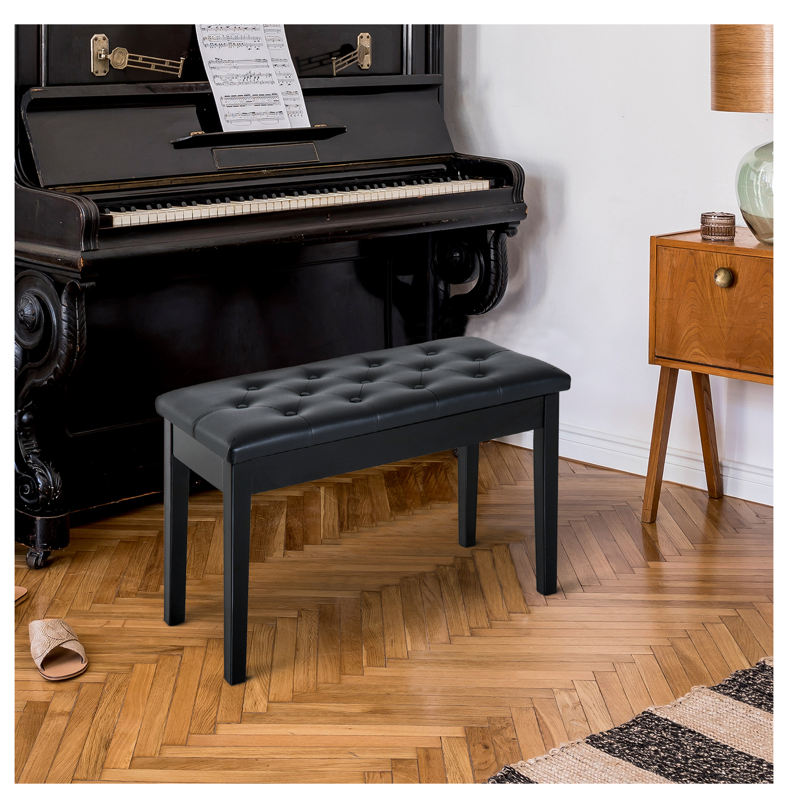Piano , Duet Piano Chair with Faux Leather Padded Cushion and Wooden Frame, Button Tufted Keyboard , Black