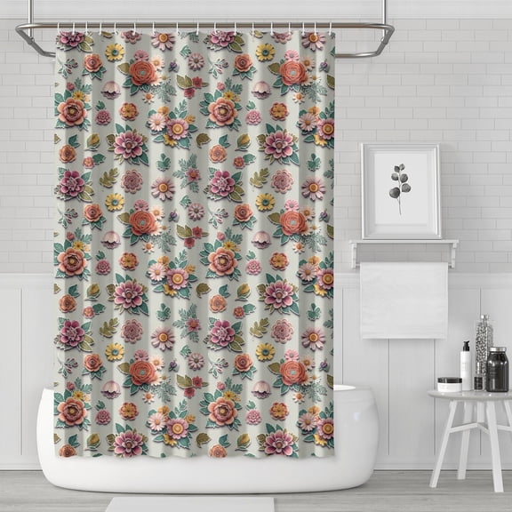 Pioneer Flower Floral Print Pattern Modern Waterproof Shower Curtain Set with 12 Hooks, Washable Decorative Bathroom Shower Curtain