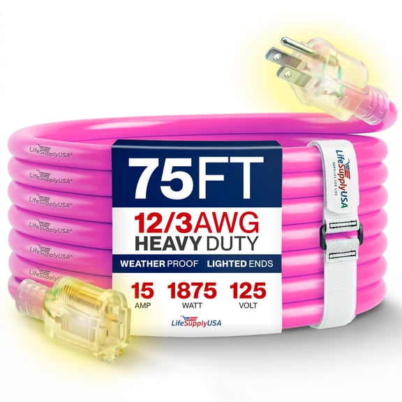 75ft Outdoor/Indoor Extension Cord 12/3 Gauge Extra Heavy Duty 3 Prong SJTW, Waterproof, Flexible Cold-Resistant Long Power Cord,15A 125V 1875W, Neon Pink by LifeSupplyUSA