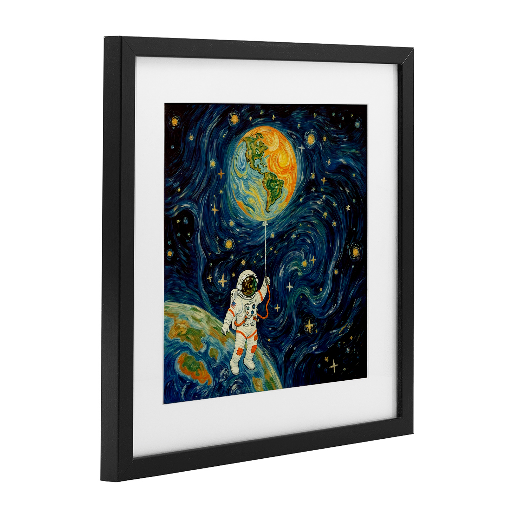 Astronaut with Earth Balloon Black Framed Print Under Glass, design by Angie Hawke