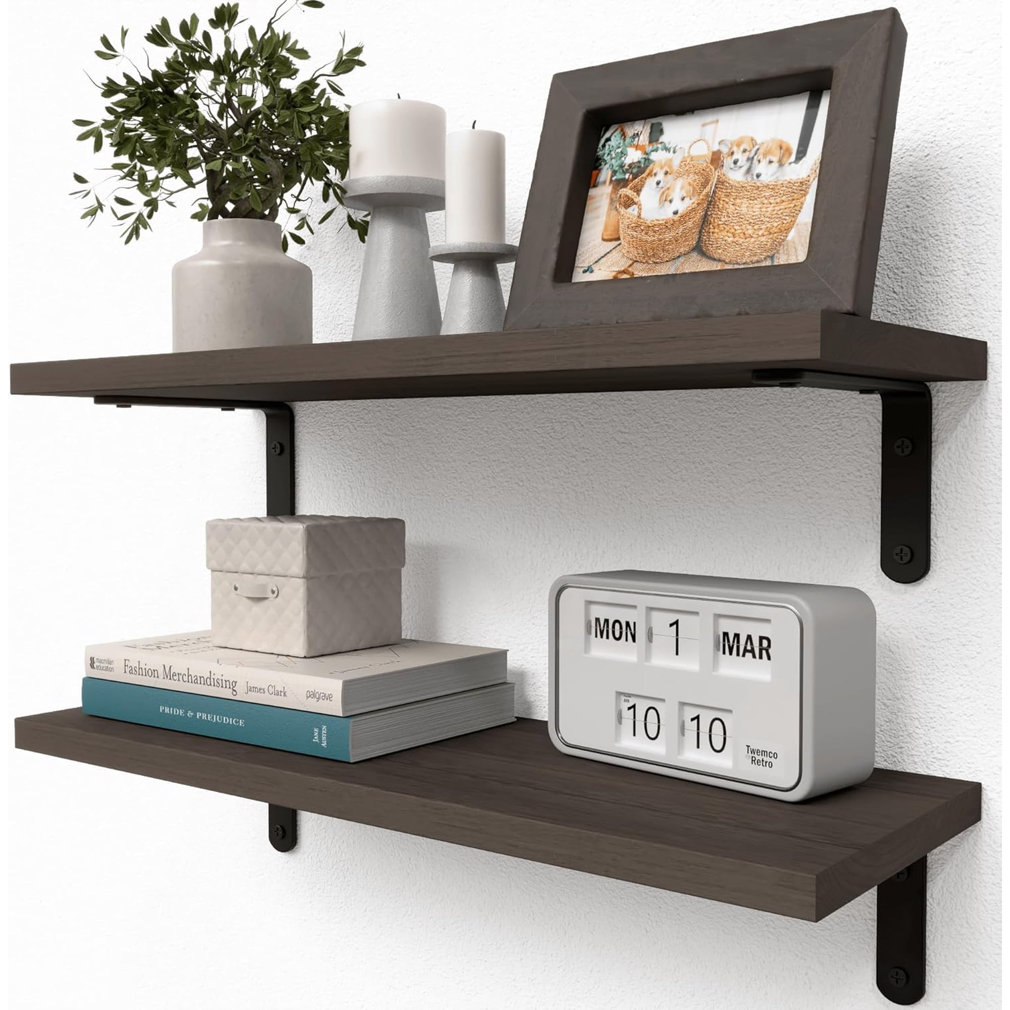 Rustic Wood Floating Shelves 2-Set Wall Mounted 16In Farmhouse Hanging Shelf for Wall Décor Heavy Duty Book Shelf for Living Room Bathroom Kitchen Storage Deep Brown